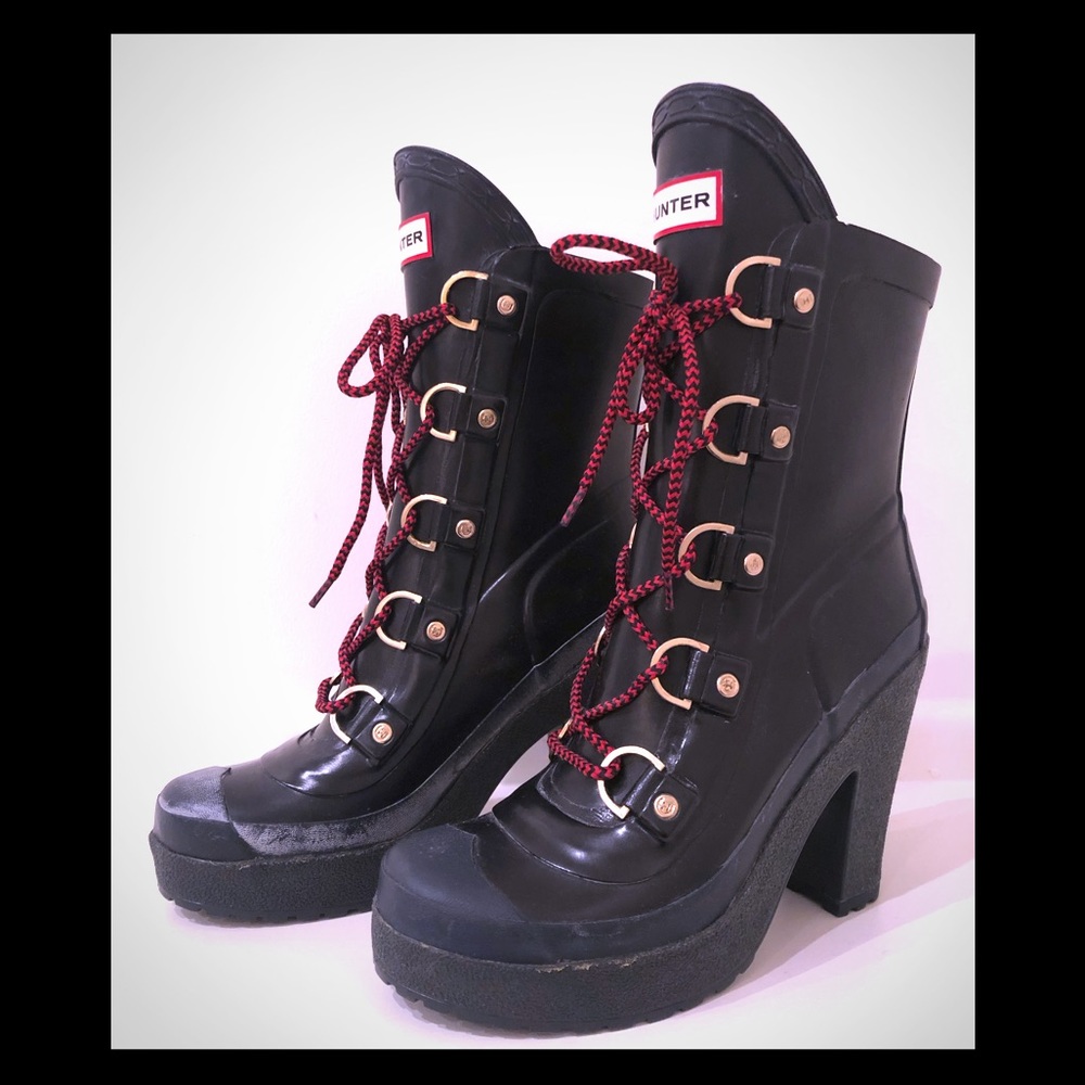 HUNTER Gabby Lace-Up Heeled Rain Boot - Size 7